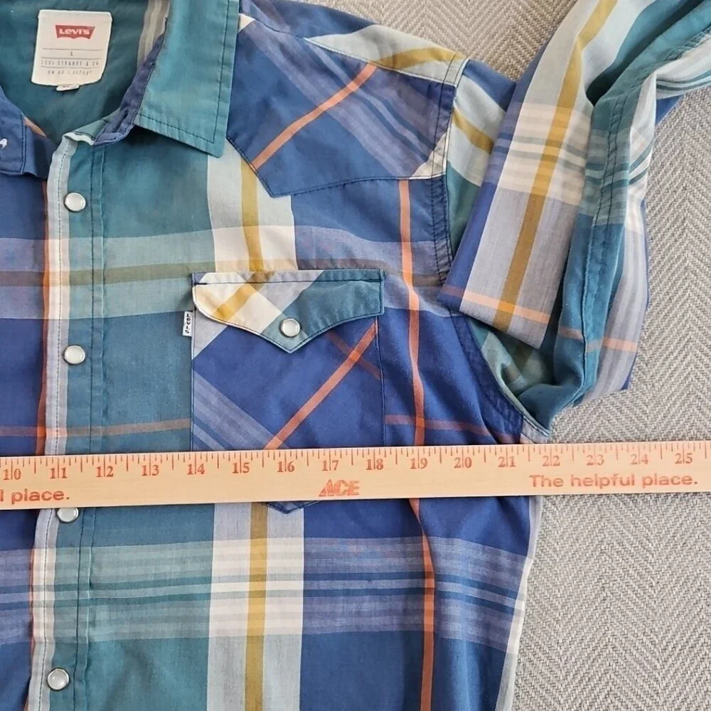 Levi's Western Pearl Snap Shirt Men's Large Green Blue Long‎ Sleeve EUC Cowboy